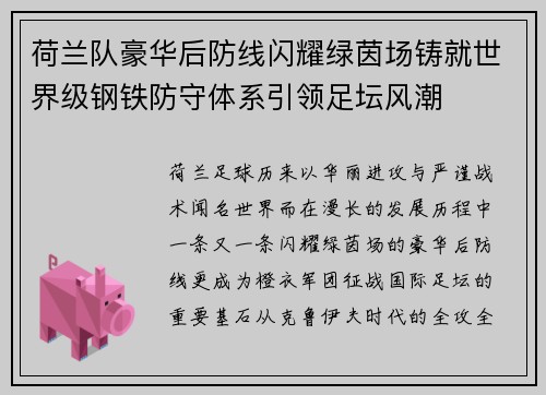荷兰队豪华后防线闪耀绿茵场铸就世界级钢铁防守体系引领足坛风潮
